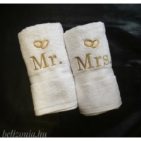 Mr. és Mrs. páros törölköző - Fehér gyűrűs - Ajándék ötlet esküvőre - Páros ajándék