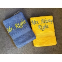 Páros törölköző Mr. Right - Mrs. Always Right Szürke - napsárga Színű - Ajándék pároknak
