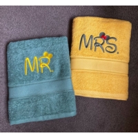 Mr - Mrs páros törölköző - Mohazöld - Sárga - Páros ajándék