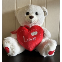 Plüss maci fehér színű 40cm Piros szívet fog - Szerelmes Ajándék - Valentin napi ajándék