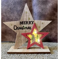 Dekor csillag ledes fából piros - Merry Christmas