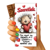 Valentin csoki tábla maci szívvel mintával, felirat: Szeretlek. Nem vagyok egy Ádonisz, de a szívem és a humorom mindent visz.