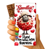 Valentin csoki tábla bárány piros szívekkel mintával, felirat: Szeretlek! Téged nem lehet nem szeretni.