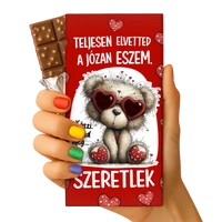 Valentin csoki tábla maci szív alakú napszemüvegben, piros borító mintával, felirat: Teljesen elvetted a józan eszem. Szeretlek