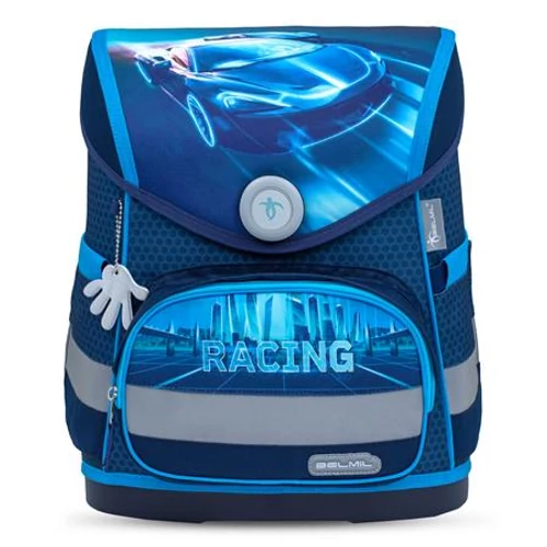 Iskolatáska, mágneszárral, BELMIL "Compact Racing Blue Neon", versenyautó