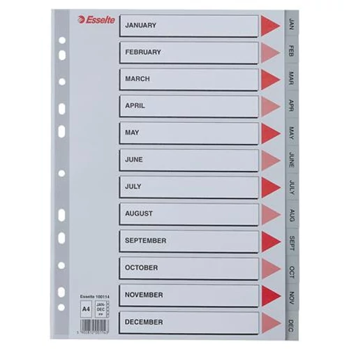 Regiszter, műanyag, A4, Jan-Dec, ESSELTE, szürke