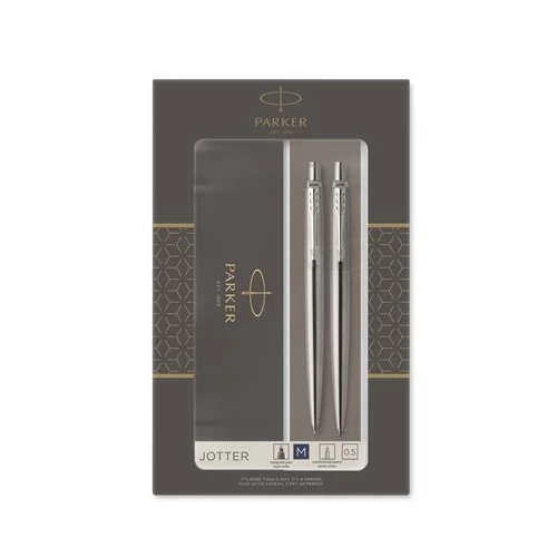 Golyóstoll és nyomósirón szett, díszdoboz, rozsdamentes acél tolltest, PARKER "Royal Jotter", kék
