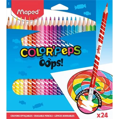 Színes ceruza készlet, háromszögletű, radírozható, MAPED "Color`Peps Oops", 24 különböző szín