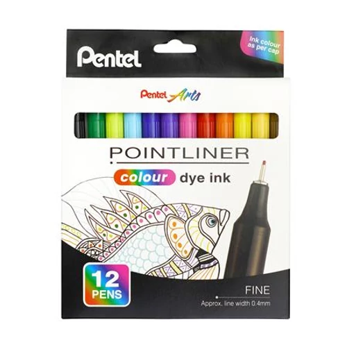 Tűfilc készlet, 0,4 mm, PENTEL "Pointliner", 12 különböző szín