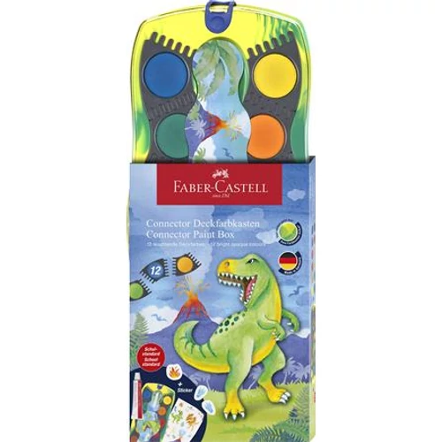 Vízfesték, 12 darabos, összeilleszthető, FABER-CASTELL "Dinoszaurusz" + 1 tubus fehér tempera + dinoszaurusz matrica
