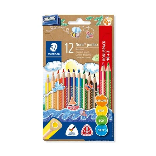 Színes ceruza készlet, háromszögletű, vastag, hegyezővel, STAEDTLER "Noris® Jumbo 128", 10 + 2 különböző szín