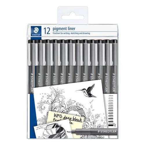 Tusfilc készlet, 12 különböző vonalvastagság, STAEDTLER "Pigment Liner 308", fekete