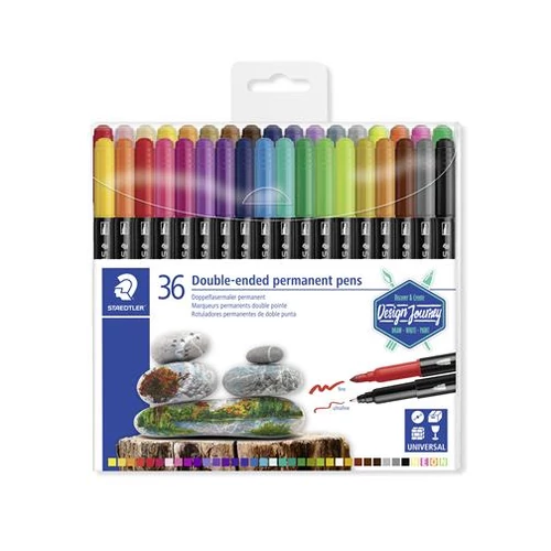 Alkoholos marker készlet, 0,5 / 3,0 mm, kétvégű, STAEDTLER "3187", 36 különböző szín