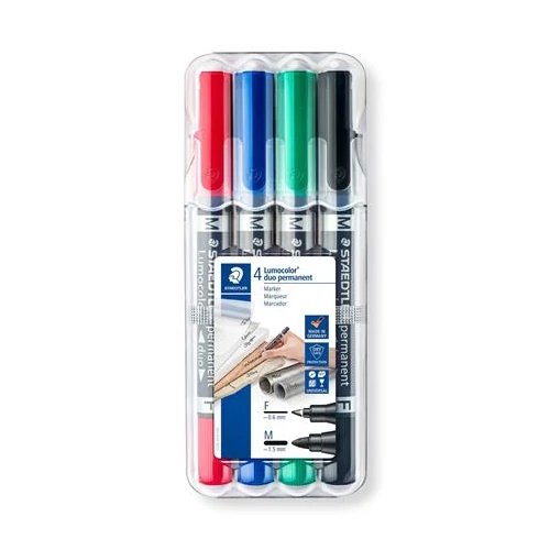 Alkoholos marker készlet, 0,6 / 1,5 mm, kúpos, kétvégű, STAEDTLER "Lumocolor® duo 348", 4 különböző szín