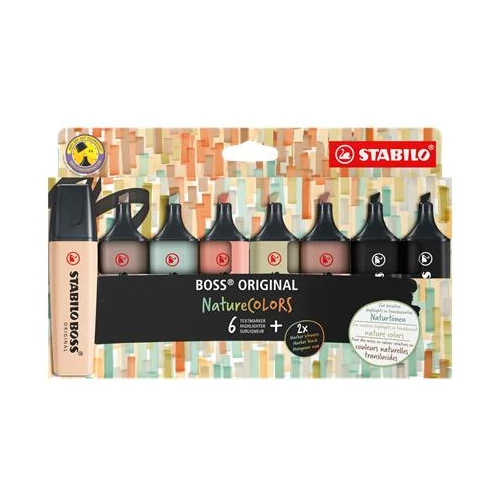Szövegkiemelő készlet, 2-5 mm, STABILO "BOSS original NatureCOLORS", 6 különböző szín + 2 fekete