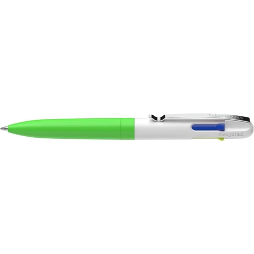 Golyóstoll, 0,5 mm, nyomógombos, négyszínű, SCHNEIDER "Take 4 Neon", zöld-fehér