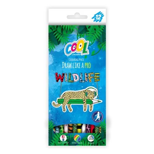 Színes ceruza készlet, háromszögletű, COOL BY VICTORIA "Wildlife", 12 különböző szín