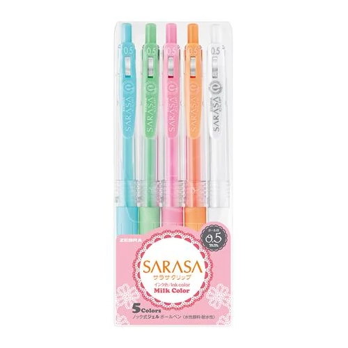 Zseléstoll készlet, 0,33 mm, nyomógombos, ZEBRA "Sarasa Clip Milk", 5 vegyes pasztell szín
