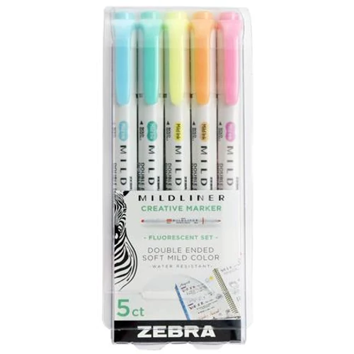 Szövegkiemelő készlet, 1,4 / 4,0 mm, kétvégű, ZEBRA "Mildliner Fluorescent", 5 szín