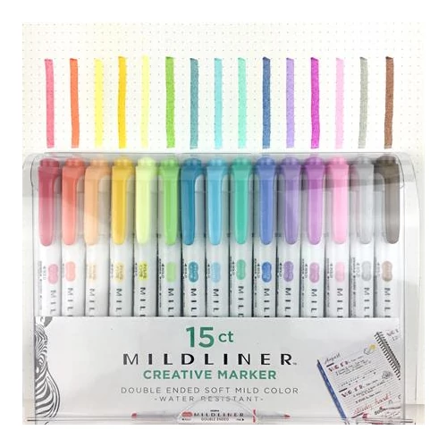 Szövegkiemelő készlet, 1,4 / 4 mm, kétvégű, ZEBRA "Mildliner Highlighter", 15 különböző szín