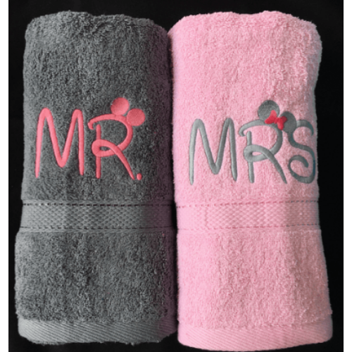 Mr. és Mrs. páros törölköző - Rózsaszín - szürke - Ajándék pároknak - Szerelmes ajándékok