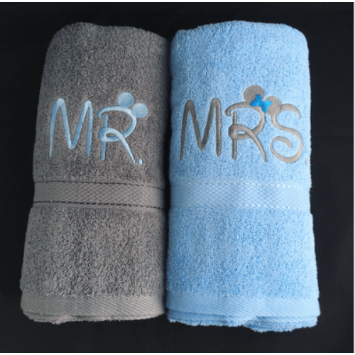 Mr. és Mrs. páros törölköző - szürke - acélkék - Ajándék pároknak - Valentin napi ajándékok