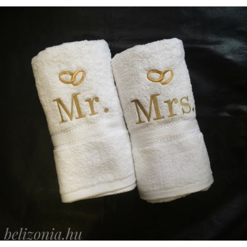 Mr. és Mrs. páros törölköző - Fehér gyűrűs - Ajándék ötlet esküvőre - Páros ajándék