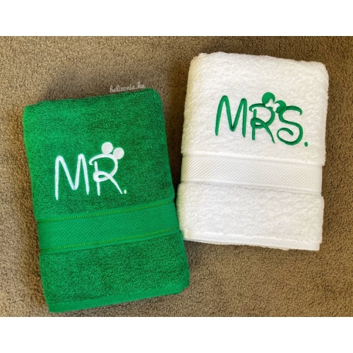 Mr. és Mrs. páros törölköző - Fűzöld - fehér - Szerelmes ajándék - Páros ajándék