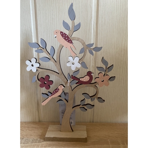 Fa dekoráció álló - Virágos fa madarakkal, bordó-barackszín