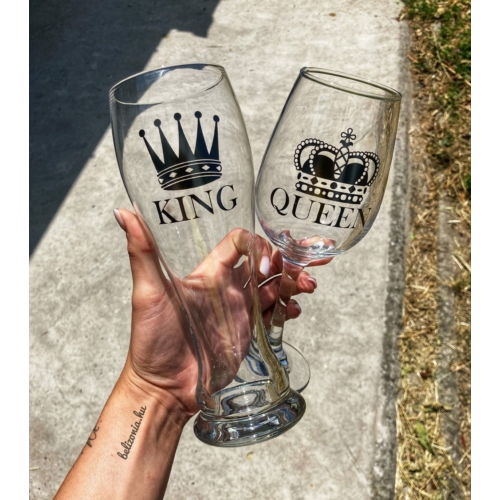 Pohár szett - King sörös, Queen boros - Ajándék pároknak - Szerelmes ajándék