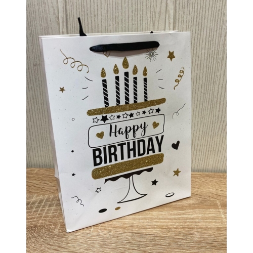 Ajándéktasak  -  Happy Birthday fehér glitteres - Ajándék születésnapra