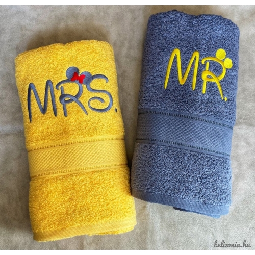 Páros törölköző -  Mr és Mrs - szürke - napsárga színű - Ajándékötlet pároknak