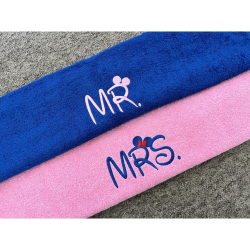 Mr. és Mrs. páros törölköző - rózsaszín - kék - Ajándék pároknak - Szerelmes ajándékok
