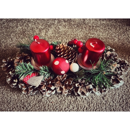 Karácsonyi asztali dísz+gyertya - piros színű