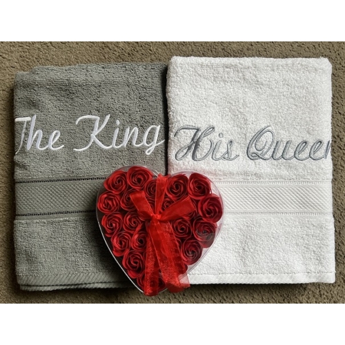 The King - His Queen páros törölköző - fehér szürke  - Páros ajándék szerelmeseknek