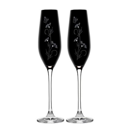 Üveg pohár virág mintával swarovski dísszel pezsgős fekete színű - Ajándék ötlet esküvőre - Házassági évfordulóra