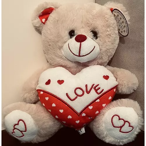 Plüss maci bézs színű 22cm Piros szívet fog - Szerelmes Ajándék - Valentin napi ajándék