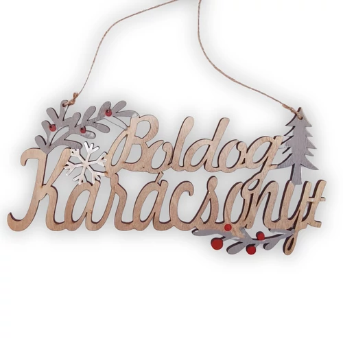 Fa Boldog Karácsony felirat fagyönggyel, fenyőfával és hópihe dísszel.