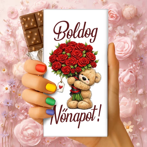 Boldog Nőnapot csokoládé tábla macival és rózsacsokorral
