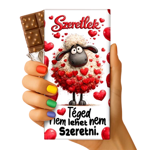 Valentin csoki tábla bárány piros szívekkel mintával, felirat: Szeretlek! Téged nem lehet nem szeretni.