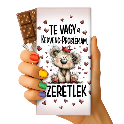Valentin csoki tábla koronás maci mintával, felirat: Te vagy a kedvenc problémám. Szeretlek