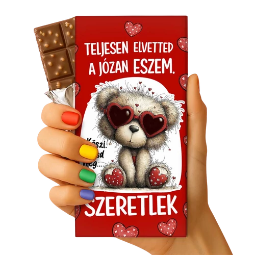 Valentin csoki tábla maci szív alakú napszemüvegben, piros borító mintával, felirat: Teljesen elvetted a józan eszem. Szeretlek