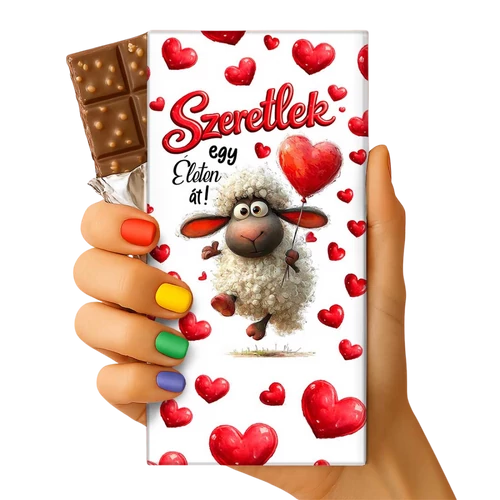 Valentin csoki tábla bárány szív alakú lufival mintával, felirat: Szeretlek egy életen át!