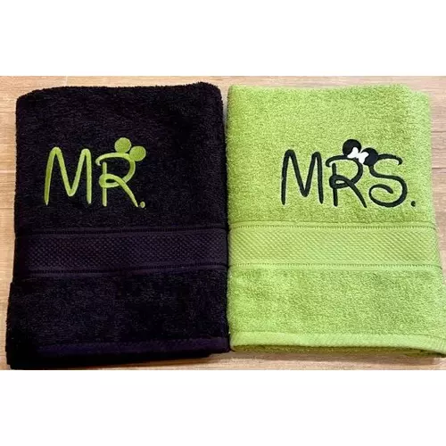 Mr és Mrs hímzett páros törölköző - Fekete - zöld - Páros ajándék