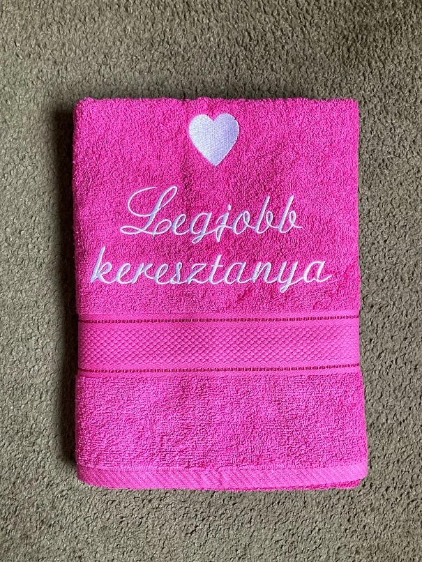 Hímzett törölköző-Legjobb Keresztanya pink színű - Ajándék Keresztanyának