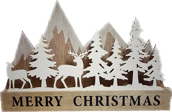 Téli dekoráció fenyő és rénszarvas kicsi - Merry Christmas felirattal - Ajándék ötlet karácsonyra