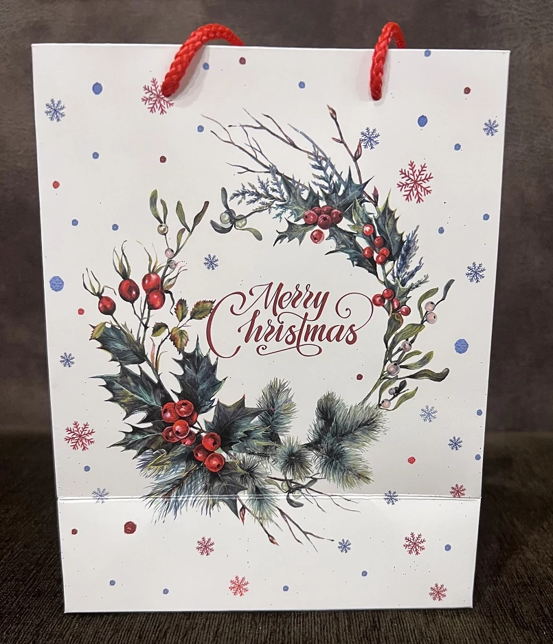 Ajándéktasak - Karácsonyi közepes - Merry Christmas  felirattal